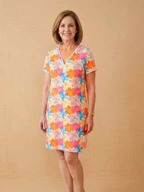 Lulu-B Bright Hibiscus Crochet V-Neck Dress